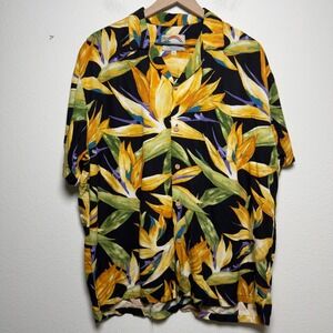 Paradise Found Men Button Down Resort Shirt Large Black Yellow Floral Aloha Camp